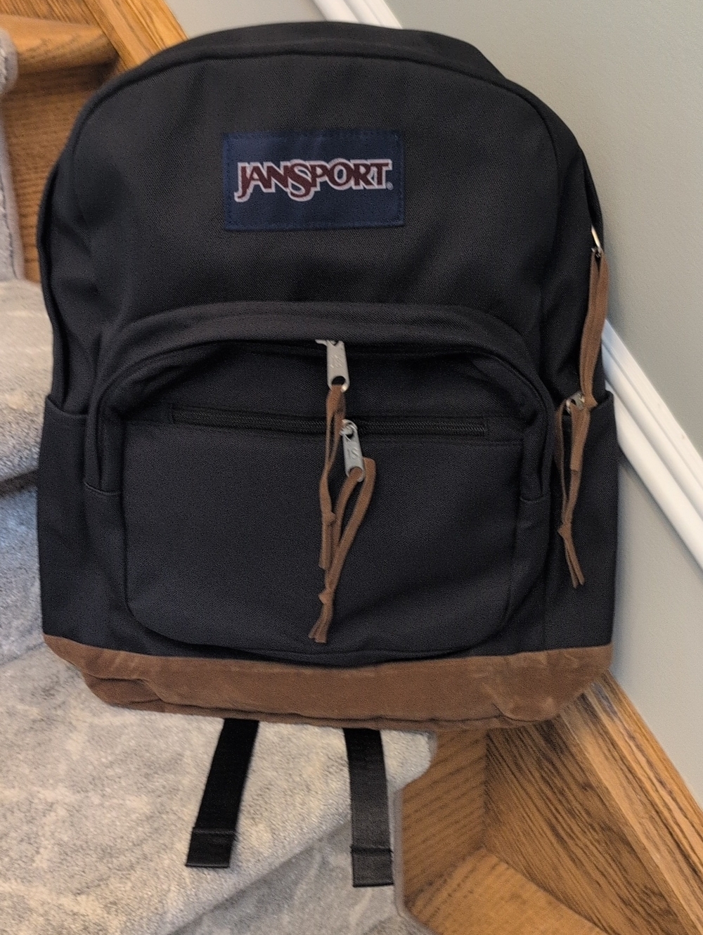 Jansport Black Backpack with Brown Trim and Logo Patch NWOT
